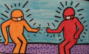 'Covid conversations' in the style of Keith Haring, marker on paper