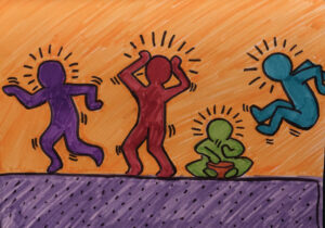 'Parent of Three' in the style of Keith Haring, marker on paper