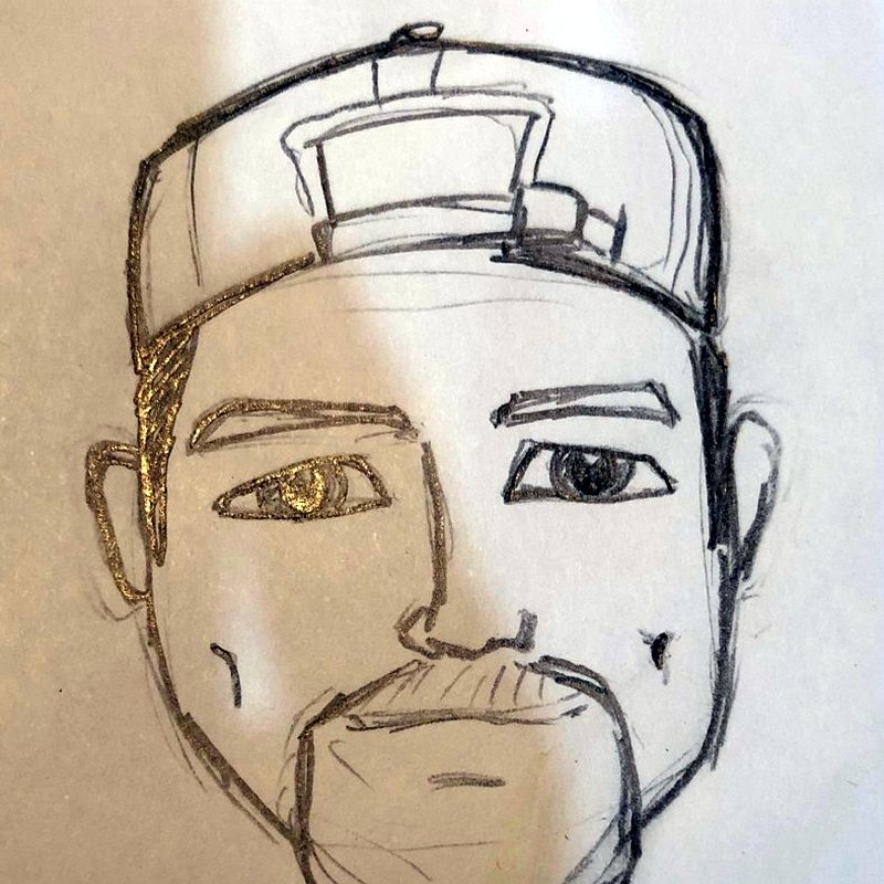 Pencil portrait of a man in a cap with a goatee.