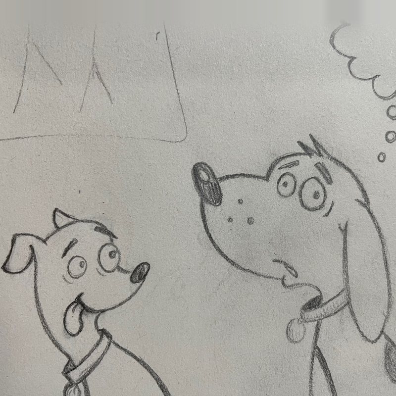 Pencil drawing of two cartoon dogs: a small one with its tongue out looks up at a bigger, worried one with a thought bubble.