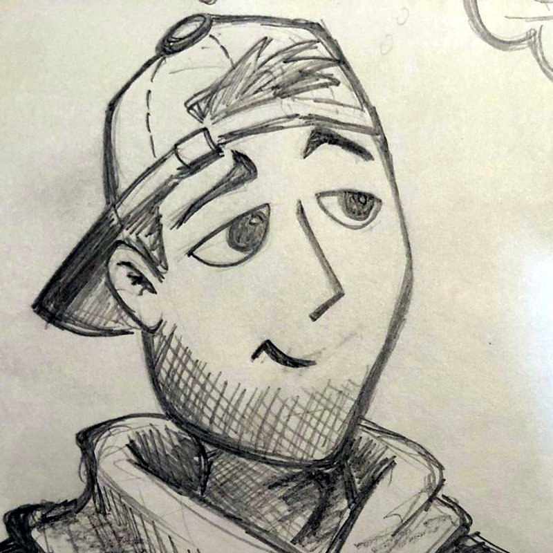 Pencil sketch of a young man in a backwards cap and hoodie.