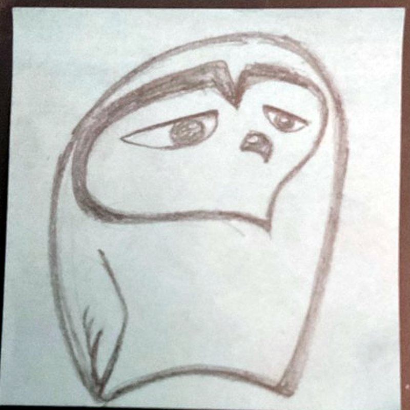 Sticky-note doodle of a sleepy, heart-faced owl.